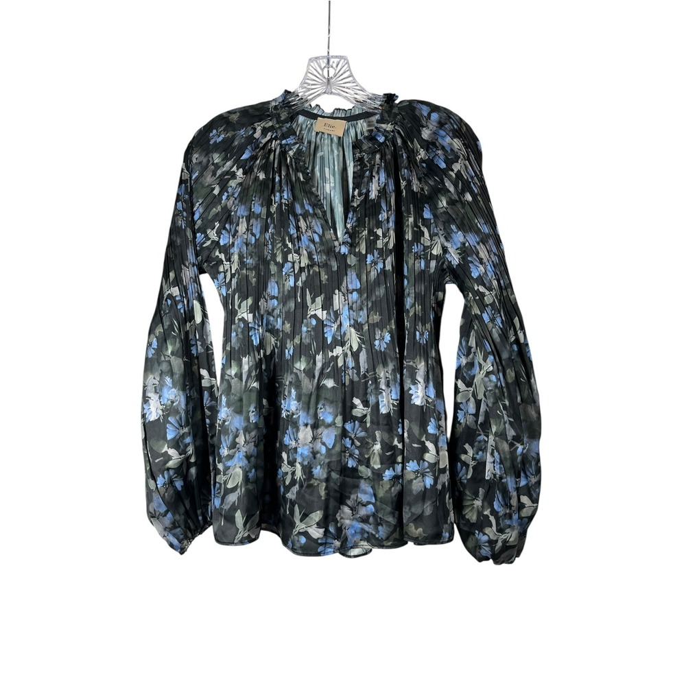 NWT Elie Tahari Sz XS Blouse Black Blue Pleated Floral Ruffle V-Neck Top Flowy